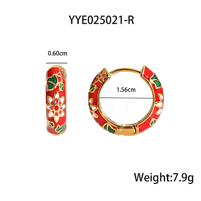 Chinese Retro 304 Stainless Steel Enamel Ring with Flower Pattern Hoop Earrings BB7359-1-1