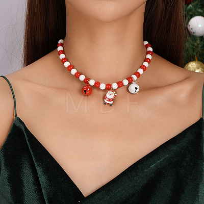 Alloy Enamel Santa Claus Christmas Bell Pendant Plastic Round Beaded Bib Necklaces FS-WG6C443-01-1
