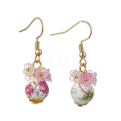 Handmade Flower Printed Porcelain Ceramic Dangle Earrings EJEW-JE07288-01-1