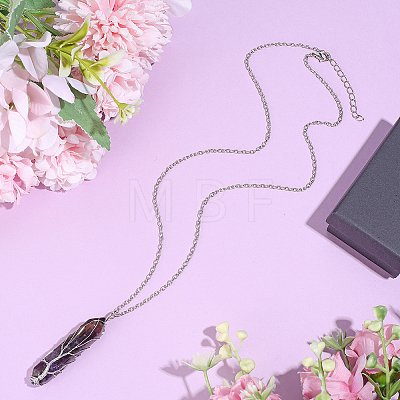 1Pc Natural Amethyst Bullet Macrame Pouch Pendant Alloy Chain Necklaces NJEW-PA0001-01C-1