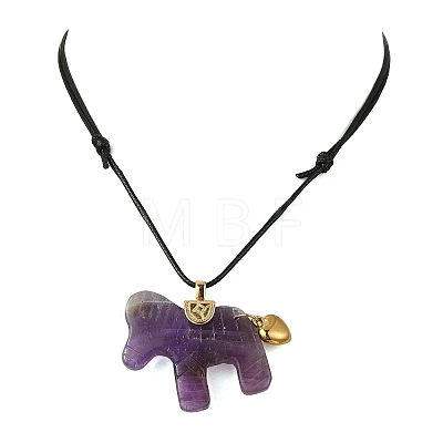 Natural Amethyst Horse Pendant Adjustable Black Korean Waxed Polyester Cord Neckalces NJEW-JN06355-02-1