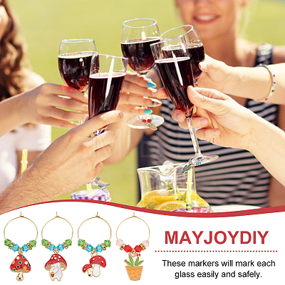 16Pcs 16 Styles Mushroom & Cactus Potted Alloy Enamel Wine Glass Charms AJEW-MA00001-1