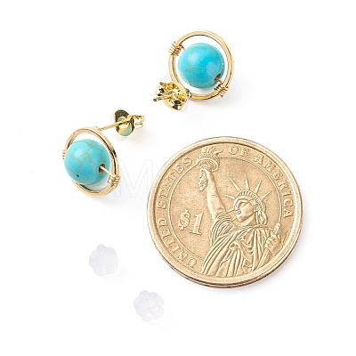 Synthetic Turquoise Round Beads Stud Earrings for Girl Women EJEW-JE04666-05-1