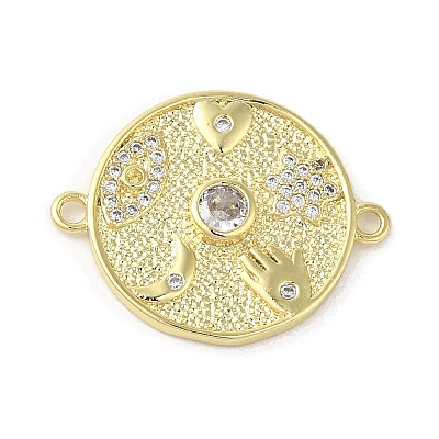 Rack Plating Brass Pave Clear Cubic Zirconia Flat Round Connector Charms KK-C052-43G-1