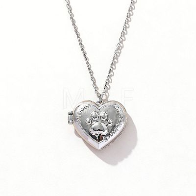 Brass Pave Clear Cubic Zirconia Heart with Paw Print Photo Locket Pendant Necklaces for Women WG0A403-04-1