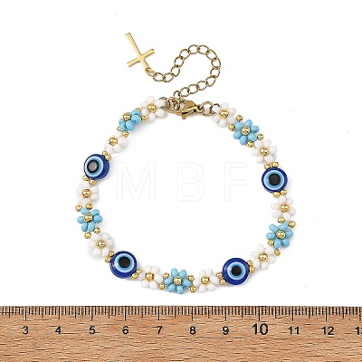 Blue Evil Eye Resin Flower Glass Seed Beaded Bracelets for Women BJEW-MZ00353-1
