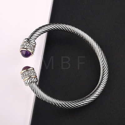 Adjustable C-shaped Stainless Steel Twist Open Cuff Bracelets with Natural Amethyst UG3207-4-1