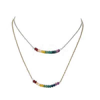 Dyed Natural Malaysia Jade Rondelle Chakra Pendant Duo Tone 304 Stainless Steel Cable Chain Double Layer Necklaces for Women NJEW-JN06649-1