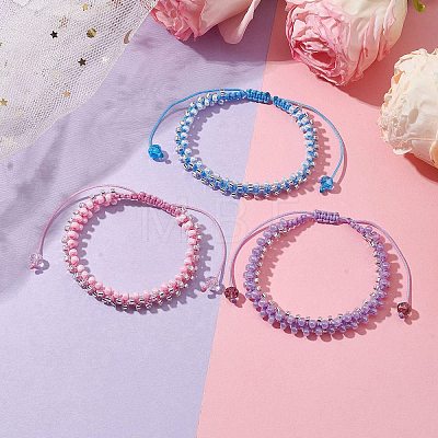 3Pcs 3 Colors Round Glass Seed Braided Bead Bracelets BJEW-MZ00088-1