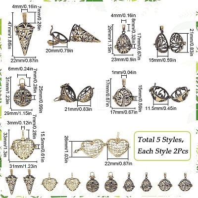 SUNNYCLUE 10Pcs 5 Styles Tibetan Style Brass Rack Plating Cage Pendants KK-SC0004-36-1