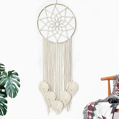 Woven Net/Web with Feather Cotton Macrame Wall Hanging PW-WG73356-02-1