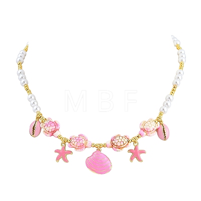 Ocean Brass Enamel Starfish Shell Shape Pendant Round ABS Imitation Pearl Beaded Necklaces KK-CBA4547-04C-G-1
