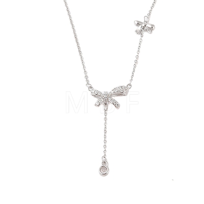 Brass Micro Pave Clear Cubic Zirconia Bowknot Pendant Necklaces NJEW-P313-01P-1