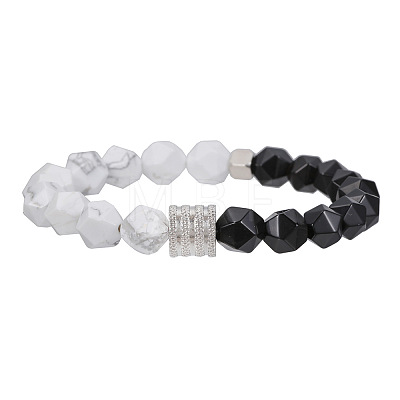 Polygon Synthetic Howlite & Natural Black Agate Beaded Stretch Bracelets WG9FB4D-02-1