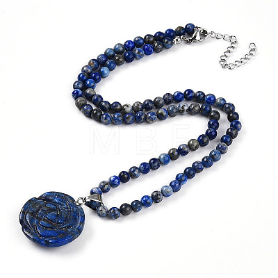 Natural Lapis Lazuli 4.5mm Round Beaded Flower Pendant Necklaces NJEW-T016-04C-1