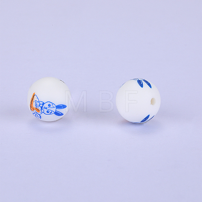 Printed Round with Rabbit Pattern Silicone Focal Beads SI-JX0056A-151-1