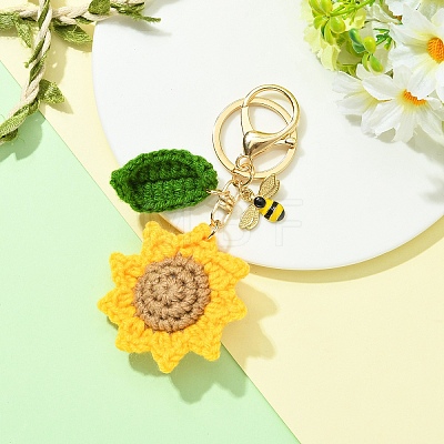 Handmade Crochet Sunflower & Alloy Enamel Bee Keychain KEYC-YW00305-1