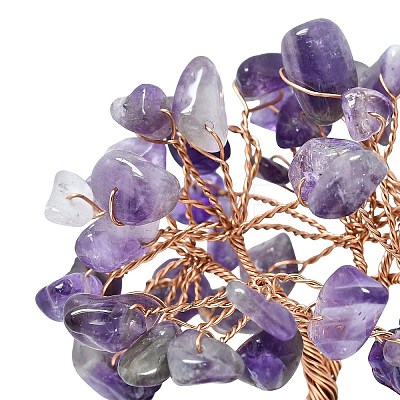 Natural Amethyst Chips Tree of Life Decorations with Cat Display Decorations DJEW-K025-03A-1
