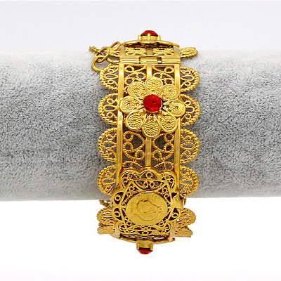Middle Eastern Style Flower Pattern Zinc Alloy Rhinestone Bangles for Women FS-WG821E4-01-1