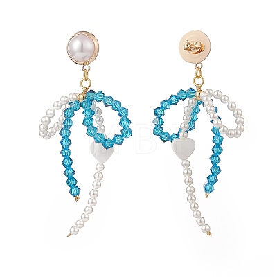Shell Pearl & Glass Bowknot with Heart Dangle Stud Earrings EJEW-TA00146-1