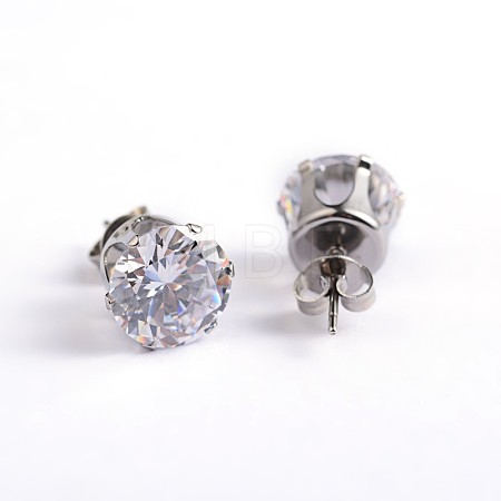 Flat Round 304 Stainless Steel Cubic Zirconia Stud Earrings EJEW-H306-38-5mm-1