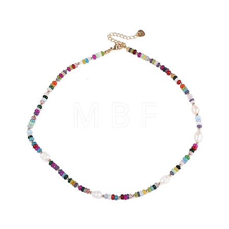 Rondelle Natural Agate & Pearl & Brass Beaded Necklaces for Women NJEW-T017-02G-1
