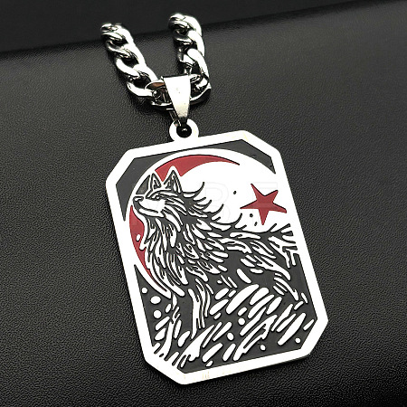304 Stainless Steel Enamel Black Wolf Dog Tag Pendant Necklaces for Men WG9808E-01-1