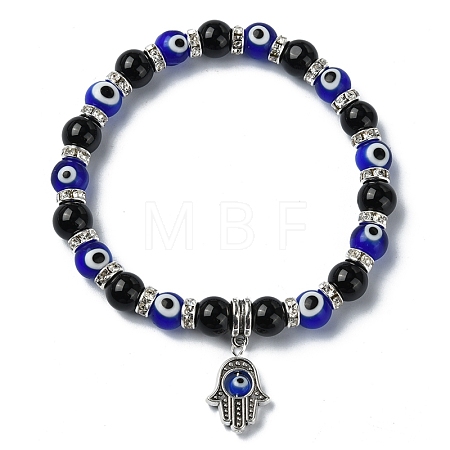Natural Black Onyx & Rhinestone & Evil Eye Beaded Stretch Bracelets BJEW-TA00448-1