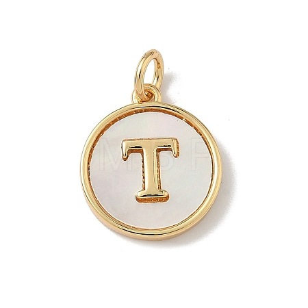 Brass Pave Natural Shell Flat Round with Letter Charms KK-Z115-13G-T-1