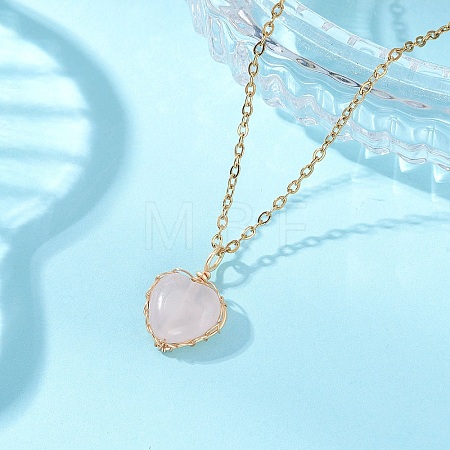 Natural Rose Quartz Copper Wire Wrapped Heart Pendant 304 Stainless Steel Cable Chain Necklaces NJEW-JN05779-01-1