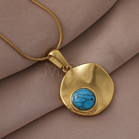 304 Stainless Steel with Dyed Synthetic Turquoise Disc Pendant Necklaces for Women ON4830-1