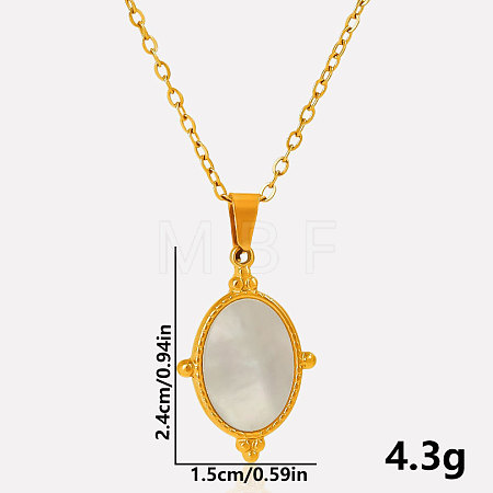 304 Stainless Steel Pave Natural White Shell Geometric Oval Pendant Necklaces AX5214-4-1