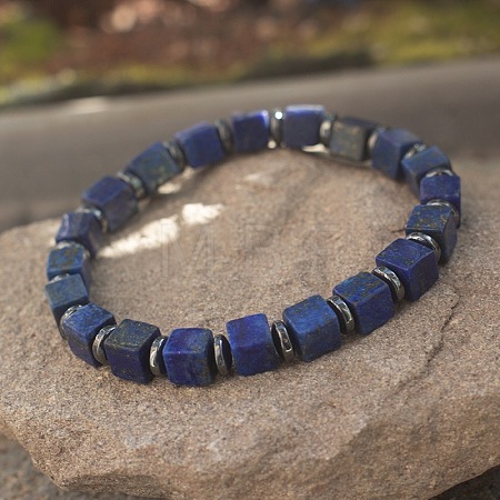 Cube Natural Lapis Lazuli & Synthetic Non-magnetic Hematite Beads Stretch Bracelets for Women Men PF6426-1-1