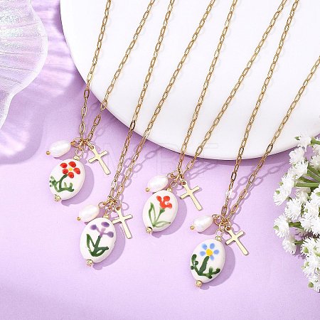 201 Stainless Steel Cross and Flower Printed Handmade Porcelain Oval Pendant Necklaces NJEW-JN06319-1