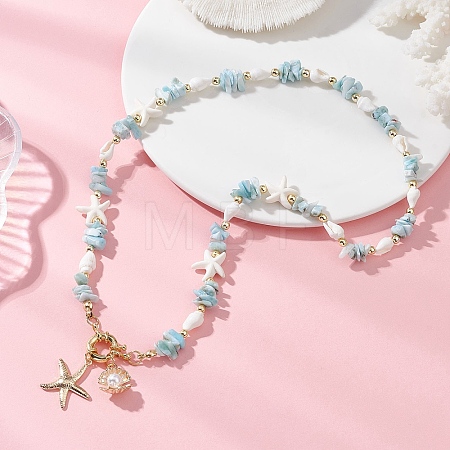 Ocean 304 Stainless Steel Starfish & Alloy Shell Shape Pendant Necklaces NJEW-JN06291-1