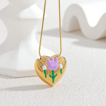 304 Stainless Steel Enamel Heart Pendant Round Snake Chain Necklaces for Women WGABB0D-01-1