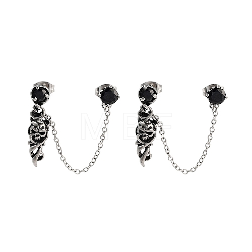 Halloween Skull 316 Surgical Stainless Steel Pave Black Cubic Zirconia Dangle Chains Stud Earrings EJEW-Z050-59AS-1