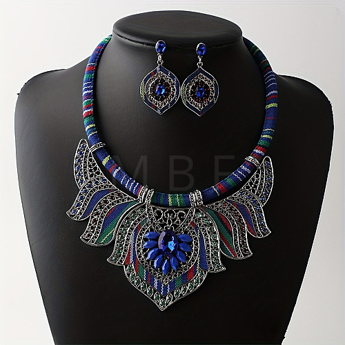 Bohemian Ethnic Style Alloy Rhinestone & Polyester Cord Pendant Necklaces & Horse Eye Stud Dangle Earrings Sets FS-WG2889B-02-1