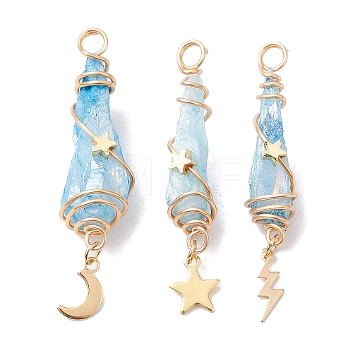 3Pcs 3 Styles Electroplated Natural Quartz Crystal Copper Wire Wrapped Pendants PALLOY-JF02586-02-1