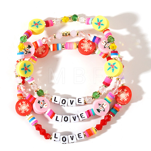 3Pcs Christmas Theme Handmade Polymer Clay & Glass Bicone Beads Stretch Bracelet Sets QY3550-1-1