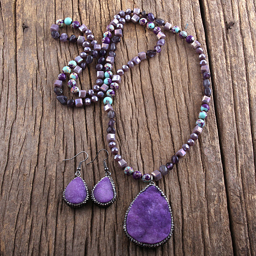 Teardrop Bohemian Style Glass with Natural Shoushan Stone Pendant Necklace & Dangle Earrings Sets FS-WG0DE9F-02-1