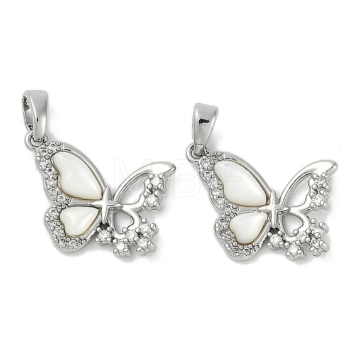 Brass Pave Natural White Shell Butterfly Pendants KK-U043-28P-1