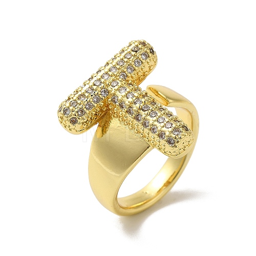 Letter Brass Micro Pave Clear Cubic Zirconia Open Cuff Ring for Women RJEW-N046-03T-G-1