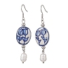 Oval with Flower Pattern 304 Stainless Steel Dangle Earrings EJEW-JE06925-3
