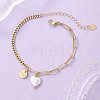 Brass Flat Round with Word Love & Natural Keshi Pearl Heart Charms Bracelets BJEW-JB13483-1