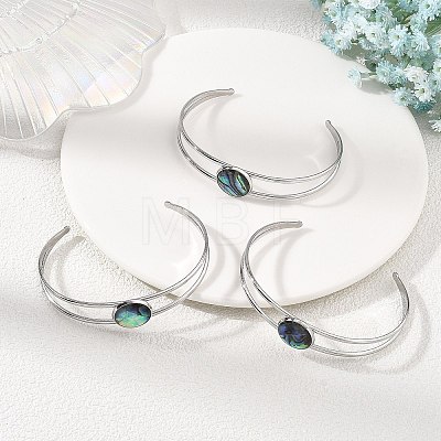 Non-Tarnish 304 Stainless Steel & Natural Paua Shell Cuff Bangles for Women BJEW-JB14122-01-1