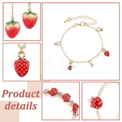 ANATTASOUL Strawberry Brass Enamel Pendant Necklace & Dangle Earrings & Open Cuff Ring & Charm Bracelet Jewelry Sets SJEW-AN0001-35-1