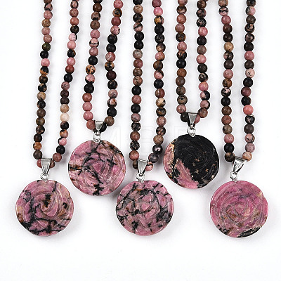 Natural Rhodonite 4.5mm Round Beaded Flower Pendant Necklaces NJEW-T016-04K-1