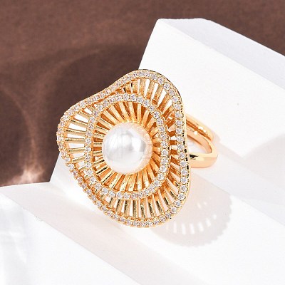 Adjustable Brass Micro Pave Clear Cubic Zirconia with ABS Plastic Pearl Cuff Rings RJEW-G368-04G-1