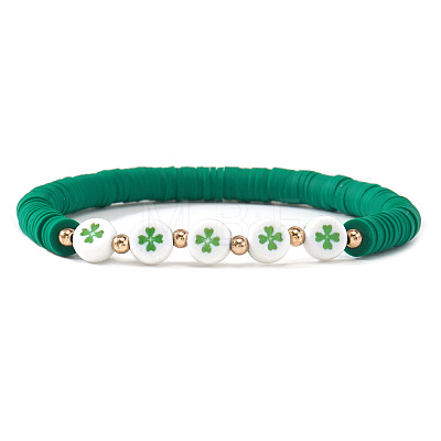 Flat Round with Clover Acrylic & Polymer Clay Heishi Beads Stretch Bracelets for Women BK9964-25-1